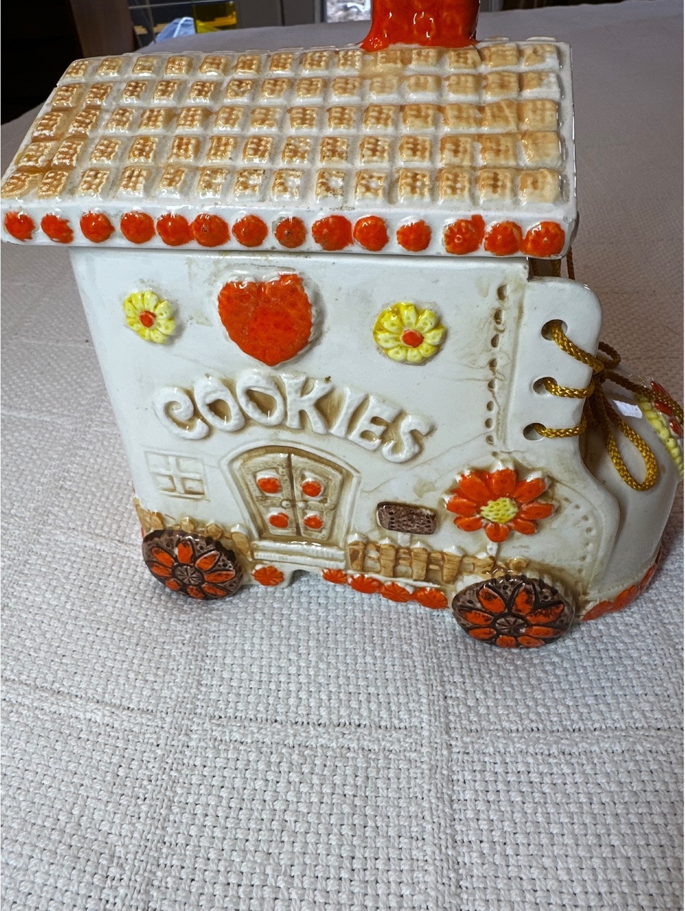 Vintage Napco Ware Ceramic Shoe Cookie Jar 70s Flower House Design